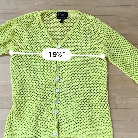Pure Handknit Cotton Open Knit Sweater Cardigan in Chartreuse Green L/XL NWOT - Picture 3 of 11